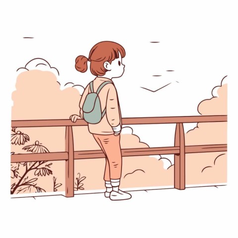 Vector illustration of a girl with a backpack standing on the br