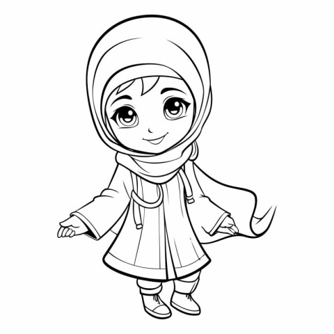 Cute little Muslim girl in traditional clothes for coloring book