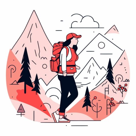 Vector illustration of a girl with a backpack walking in the mou