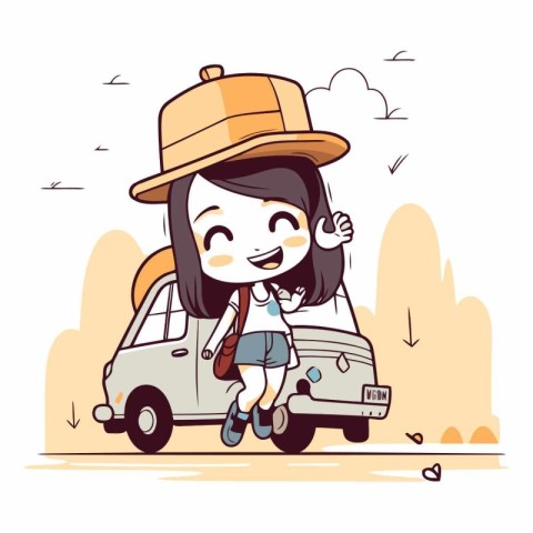 Cute girl traveling by car in cartoon style.