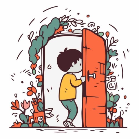 Little boy opening the door in the garden. Vector hand drawn ill