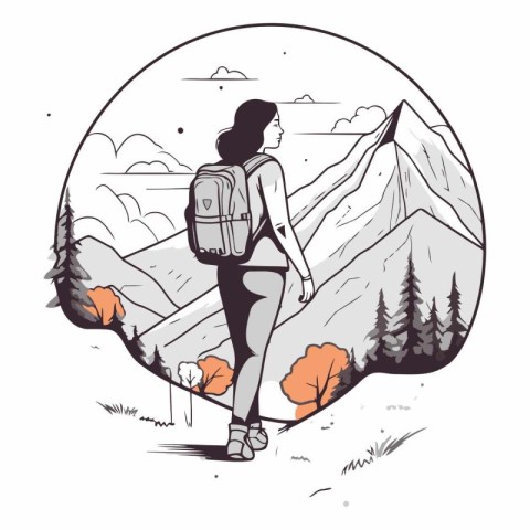 Hiking girl with a backpack in the mountains.