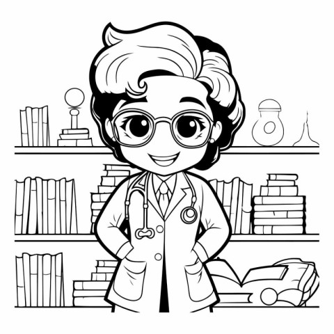 Cartoon black and white illustration of a female doctor in glass