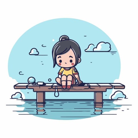 Little girl sitting on a wooden pier in the sea.