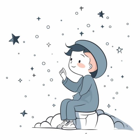 Illustration of a Kid Boy Sitting on a Rock in the Starry Sky