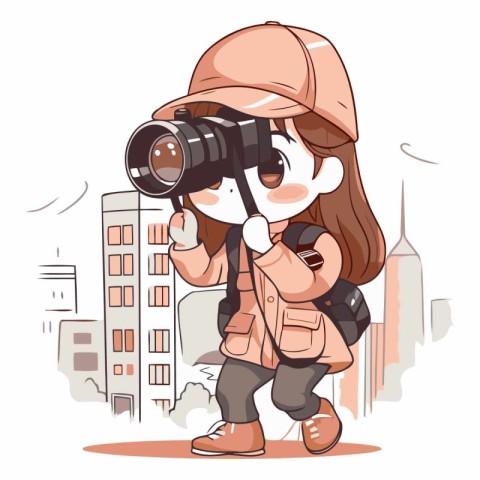 Cute girl photographer with a camera in the city