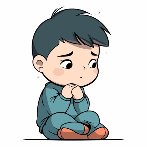 Sad little boy sitting on the floor in cartoon style.