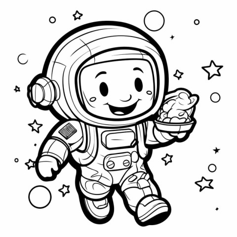 Coloring book for children: astronaut with a plate of food in hi