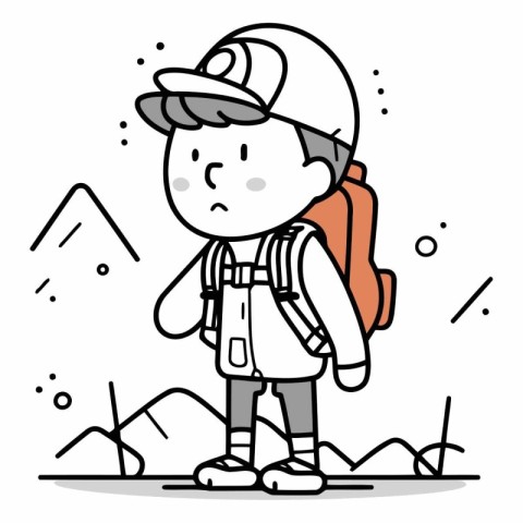 Cute little backpacker standing on the mountain.