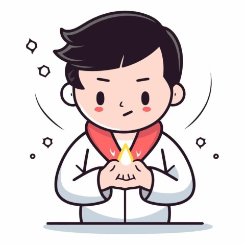 Man praying with a candle in his hand. Vector cartoon character