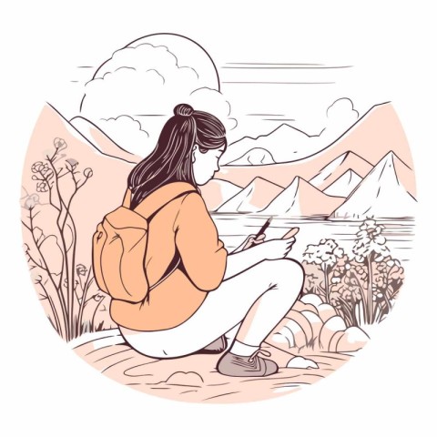 Young woman sitting on a rock and using a smartphone.