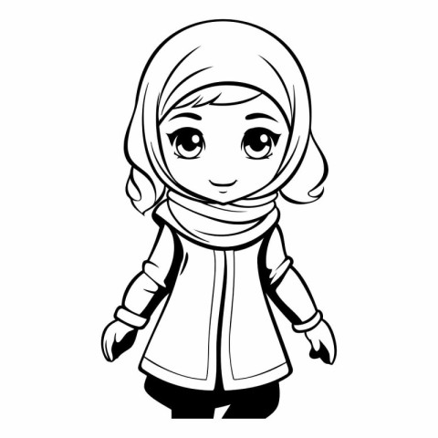 Cute cartoon muslim girl in hijab for coloring book.