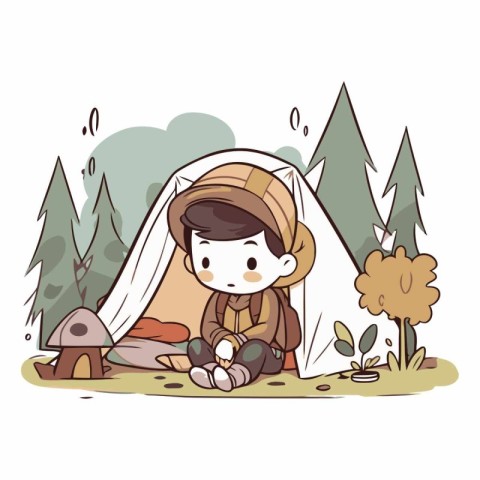 Illustration of a boy sitting in a tent in the forest.