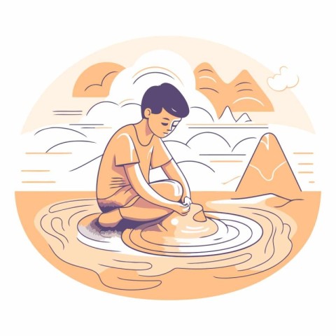 Vector illustration of a boy sculpting clay on the beach in the