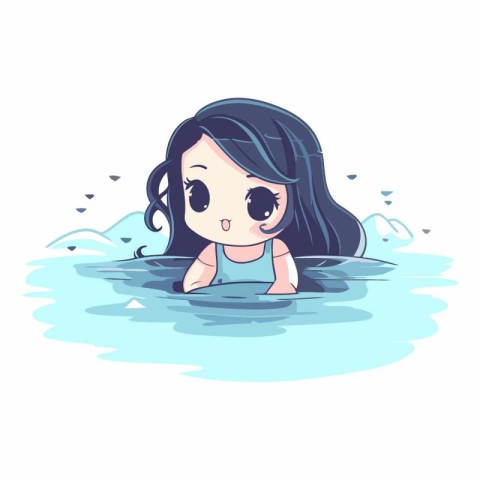 Cute little girl swimming in the sea in cartoon style.