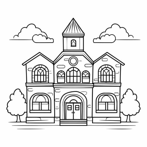 Old school building in the style of line art.