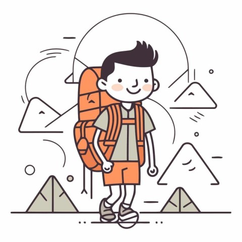 Vector illustration of boy hiker with backpack on mountain backg