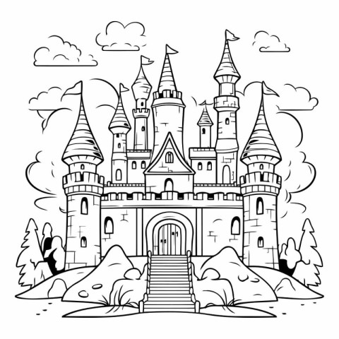 Fairytale castle in the park. Black and white vector illustratio