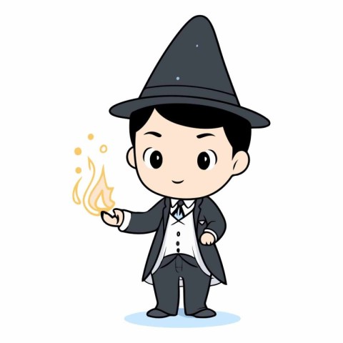 Cute cartoon man in a witch costume holding a fire.