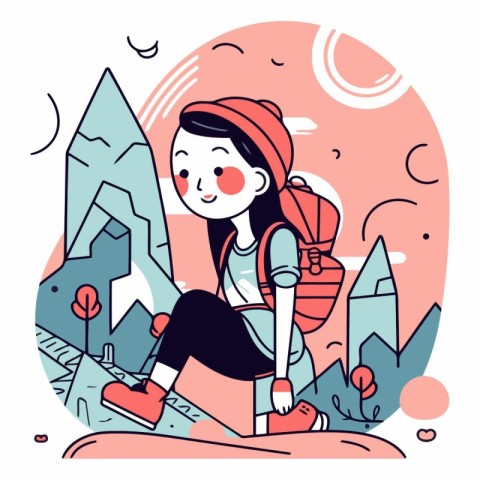 Vector illustration of a girl hiking in the mountains with a bac