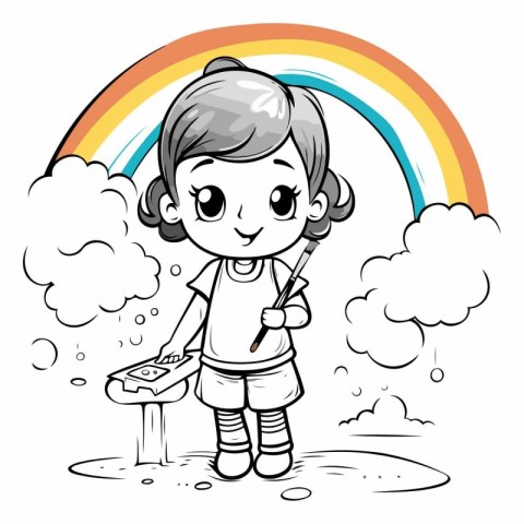 Illustration of a Cute Little Girl Painting a Rainbow on a Cloud