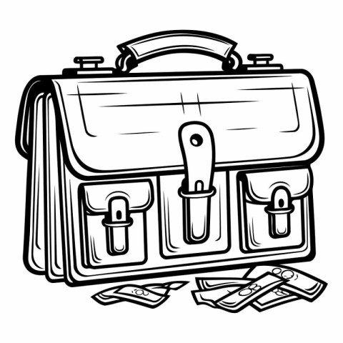 Black and White Cartoon Illustration of a Briefcase with Money S