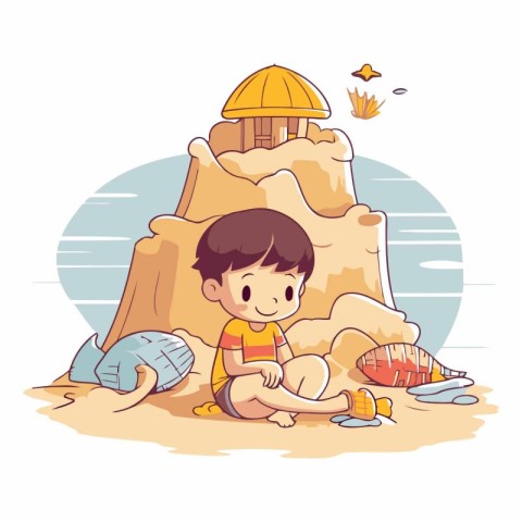 Little boy playing on the beach in cartoon style.