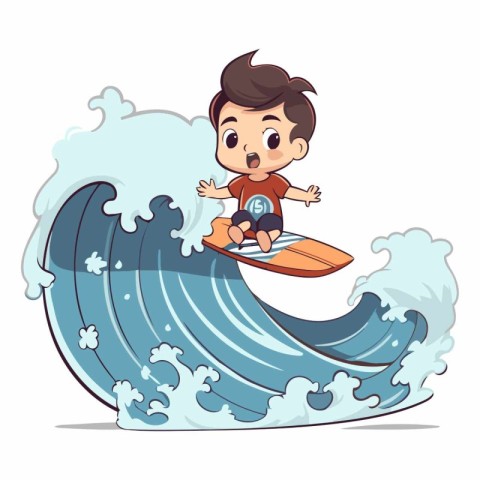 Cartoon boy surfing on a wave of a boy surfing on a wave.