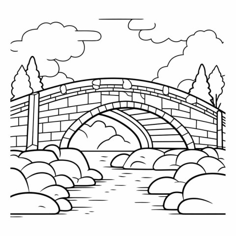 Bridge and river with clouds. Black and white vector illustratio