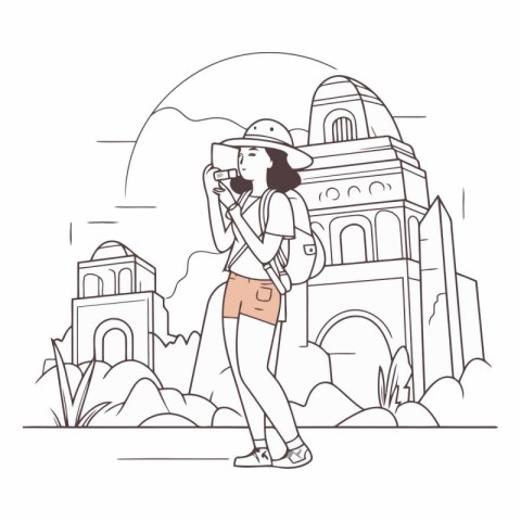 Tourist girl with a hat and binoculars on the background of the