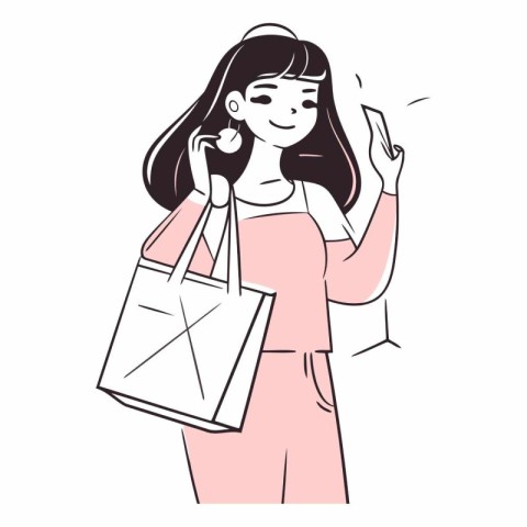 Vector illustration of a girl in a pink dress with a shopping ba