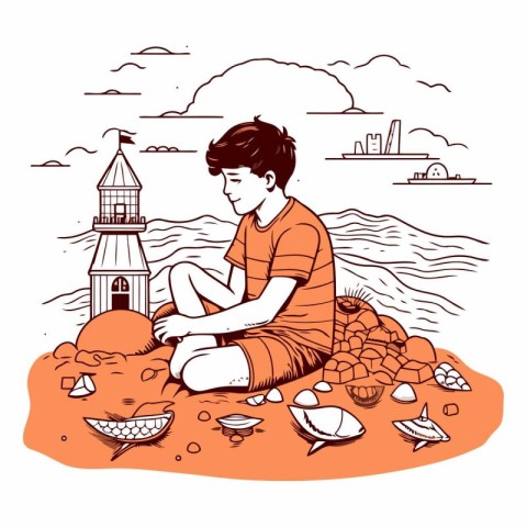 Vector illustration of a boy sitting on the sand and looking at