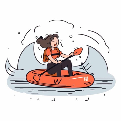 Young woman paddling on a kayak. Cartoon vector illustration.