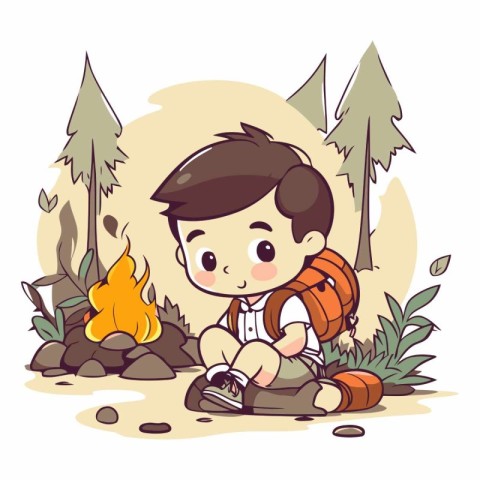 Boy sitting on the ground by the campfire.