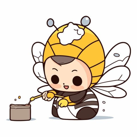 Bee boy with honey and beekeeper. Cute cartoon vector illustrati