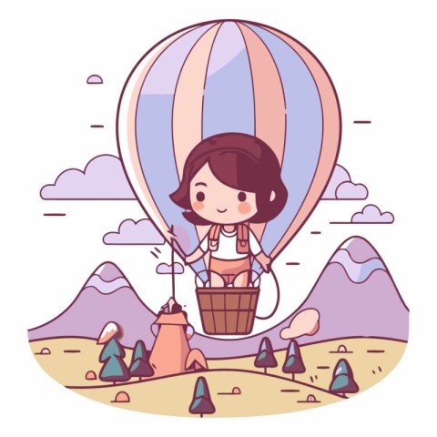 Cute little girl flying in hot air balloon.