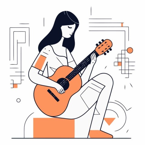 Vector illustration of a girl playing the guitar. Flat line art