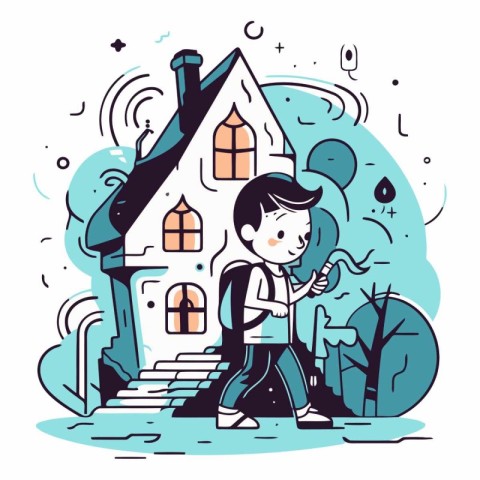 Vector illustration of a boy in front of a house in the rain.