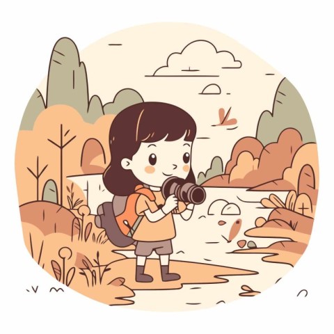 Girl in the forest with a backpack and binoculars