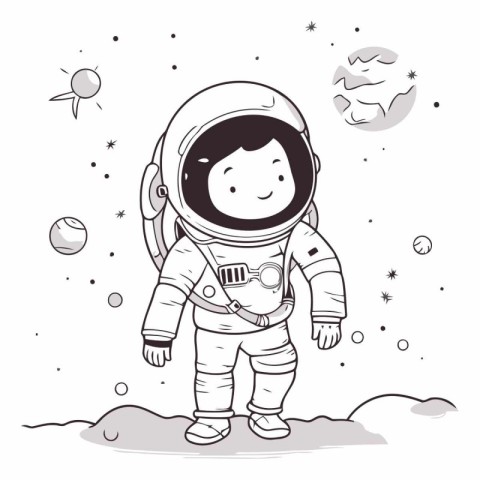 Cute cartoon astronaut in outer space. Hand drawn doodle vector