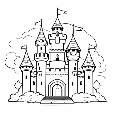 Fairytale castle. Black and white vector illustration for colori