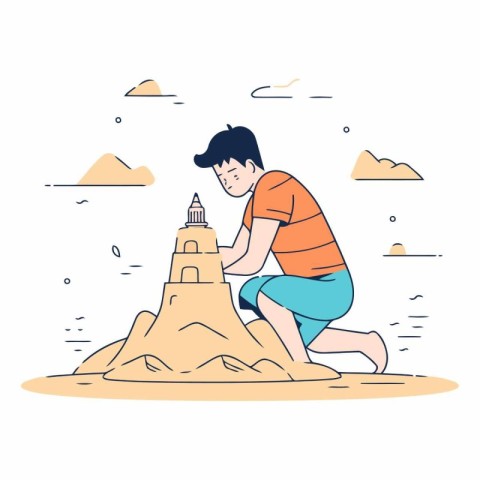 Boy playing with sand castle in line art style.