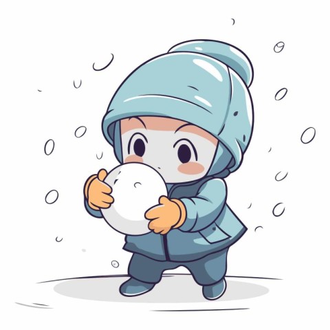 Illustration of a cute boy in winter clothes playing with snow.