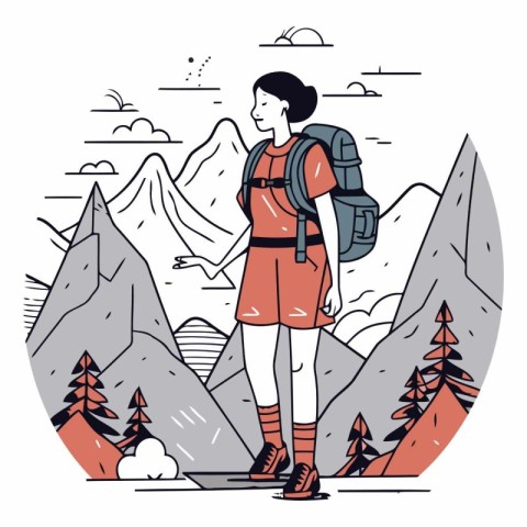 Hiking woman with a backpack in the mountains.