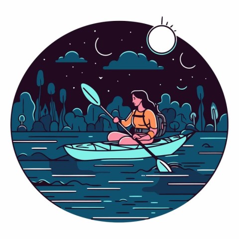 Kayaking on the river at night in flat style