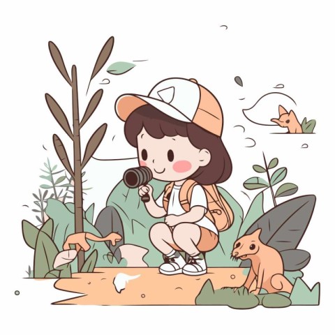 Illustration of a little girl playing with a dog in the park