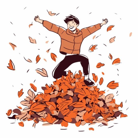 Happy young man jumping on pile of autumn leaves.