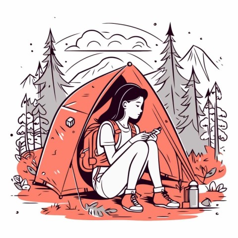 Young woman sitting near her tent in the forest.