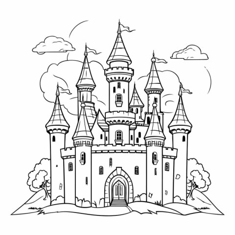 Fairytale castle. Fairy tale castle. Black and white vector illu