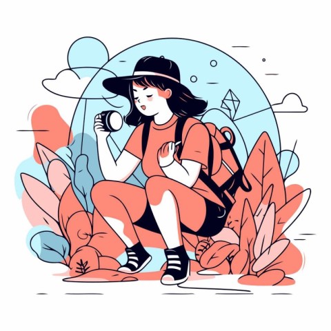 Vector illustration of a girl in a hat with a backpack and a cam